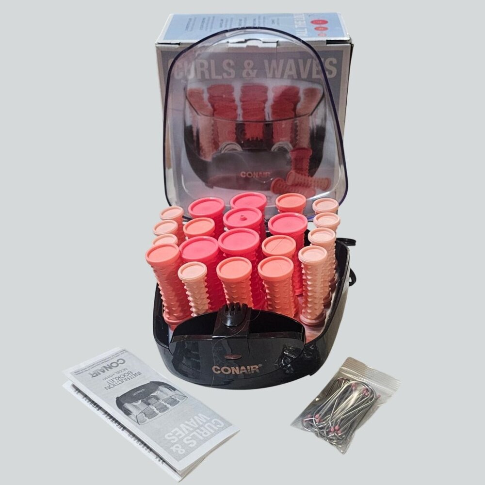 Conair Curls & Waves Compact Multi-Size Hot Rollers 20 W/Clips - Coral EUC